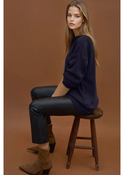 Kadın Kalın Bisiklet Yaka Uzun Kalçayı Kapatan Kazak Gece Mavisi modelleri