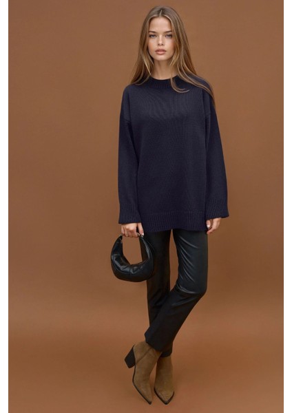 Kadın Kalın Bisiklet Yaka Uzun Kalçayı Kapatan Kazak Gece Mavisi fırsatları