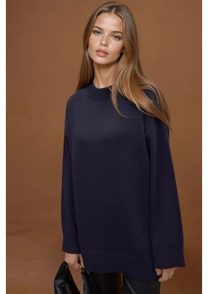 Kadın Kalın Bisiklet Yaka Uzun Kalçayı Kapatan Kazak Gece Mavisi indirimleri