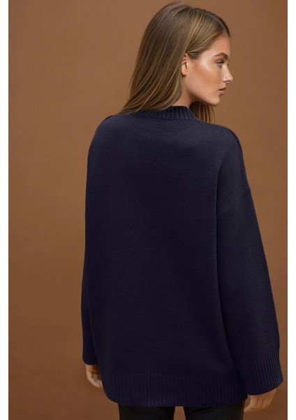 Kadın Kalın Bisiklet Yaka Uzun Kalçayı Kapatan Kazak Gece Mavisi