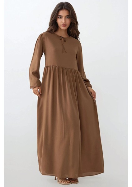 Kadın A-Form Fit ve Bisiklet Yaka Modest Dokulu Elbise Kahverengi fırsatları