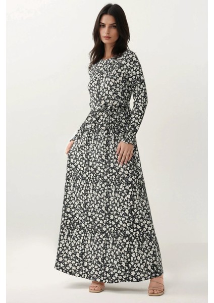 Kadın Çiçek Desenli Dokulu Kuşaklı Bisiklet Yaka Modest Elbise Black