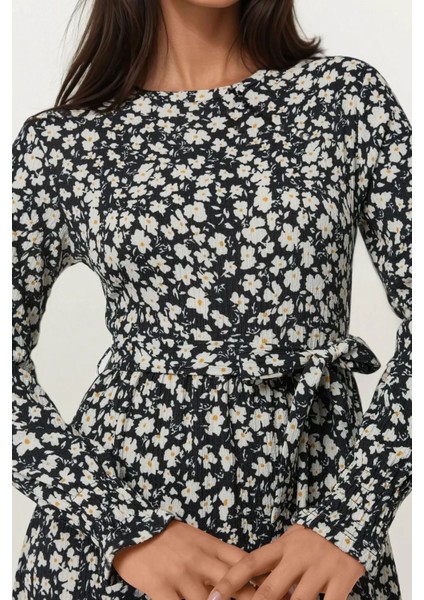 Kadın Çiçek Desenli Dokulu Kuşaklı Bisiklet Yaka Modest Elbise Black