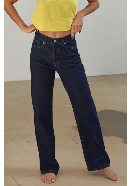 Kadın Straight Fit Jeans Koyu Mavi Denim