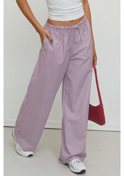 Kadın Beli Lastikli Çizgili Pamuklu Pijama Altı Red