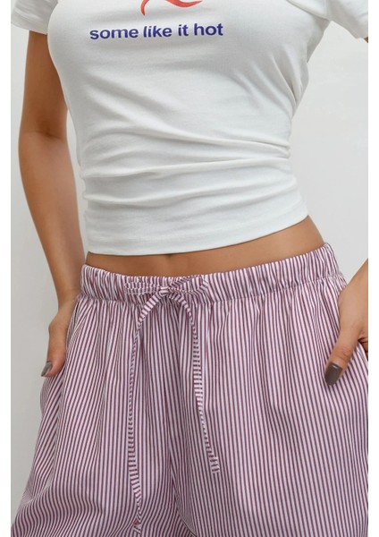 Kadın Beli Lastikli Çizgili Pamuklu Pijama Altı Red modelleri