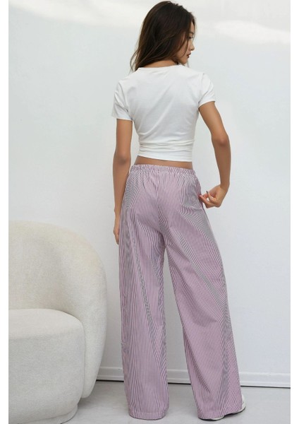 Kadın Beli Lastikli Çizgili Pamuklu Pijama Altı Red fırsatları