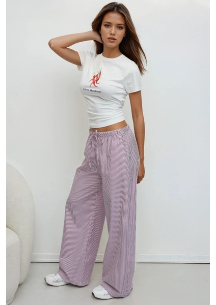 Kadın Beli Lastikli Çizgili Pamuklu Pijama Altı Red indirimleri