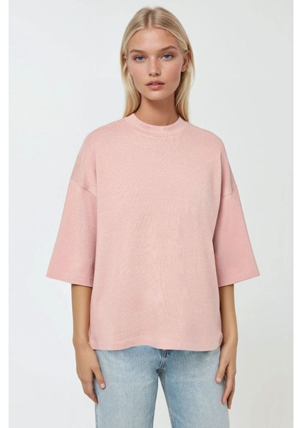 Kadın Rahat Kesim Bisiklet Yaka Tişört Toz Pembe fiyatları