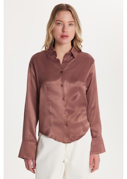 Kadın Slim Fit Dar Kesim Uzun Kollu Klasik Yaka Saten Gül Kurusu Gömlek