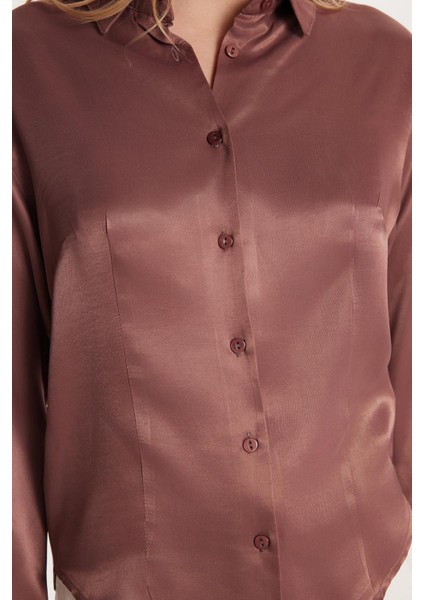 Kadın Slim Fit Dar Kesim Uzun Kollu Klasik Yaka Saten Gül Kurusu Gömlek modelleri