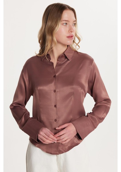 Kadın Slim Fit Dar Kesim Uzun Kollu Klasik Yaka Saten Gül Kurusu Gömlek fırsatları