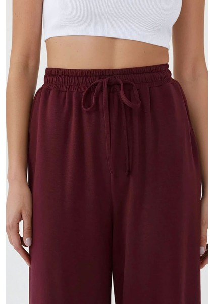Kadın Wide Leg Beli Lastikli Örme Eşofman Altı Red modelleri