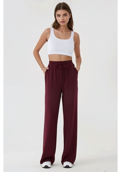 Kadın Wide Leg Beli Lastikli Örme Eşofman Altı Red indirimleri