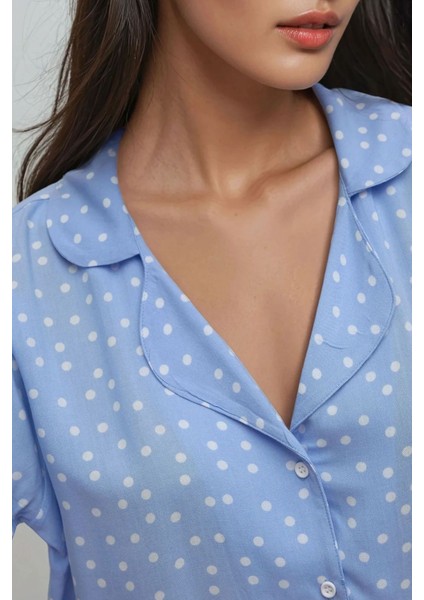 Kadın Baskılı Gömlek Yaka Pijama Takımı Buz Mavisi fırsatları