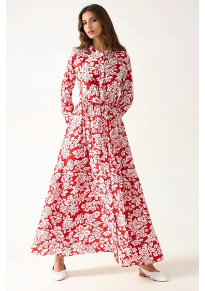 Kadın Gömlek Yaka Desenli Viskon Modest Elbise Red fiyatları