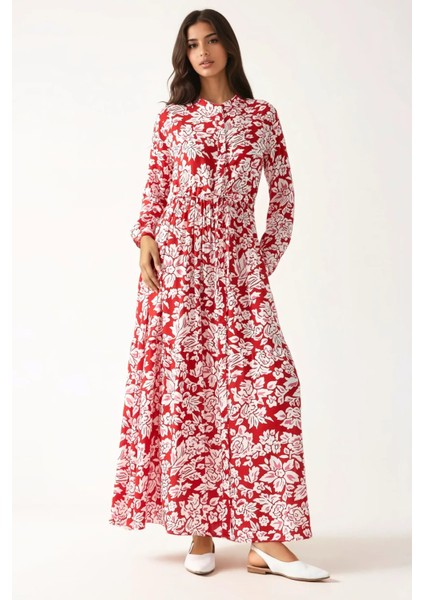 Kadın Gömlek Yaka Desenli Viskon Modest Elbise Red modelleri