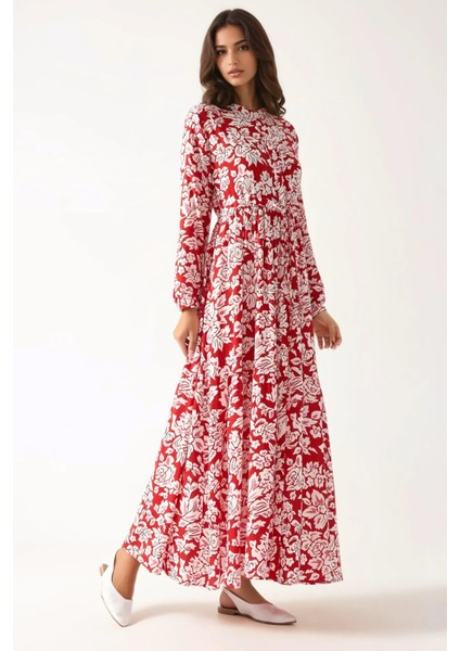 Kadın Gömlek Yaka Desenli Viskon Modest Elbise Red fırsatları