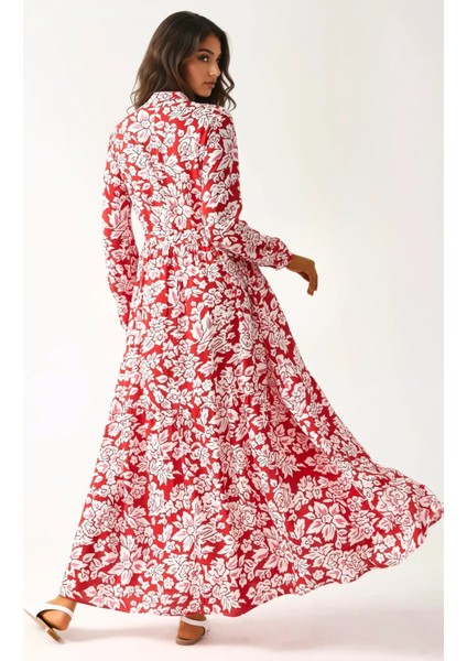 Kadın Gömlek Yaka Desenli Viskon Modest Elbise Red indirimleri