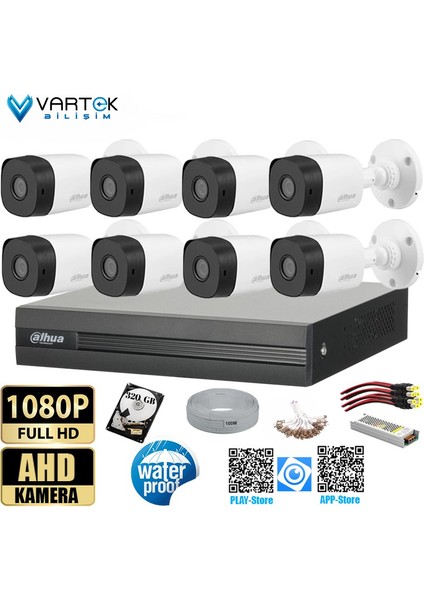 8 Kameralı 2mp Bullet 3.6mm 30M Gece Görüşlü Full Hd Güvenlik Kamera Seti