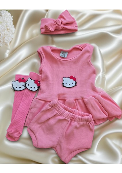 Pembe Ribana Bebek-Çocuk Şort Bluz Bandana Hello Kity Keçeli Çorap Set 6-36 Ay