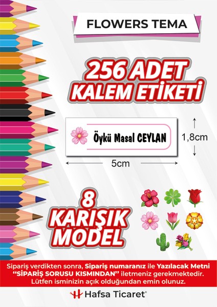 256 Adet Kalem Etiketi Flowers Temalı İsimli Kişiye Özel Okul Etiketi