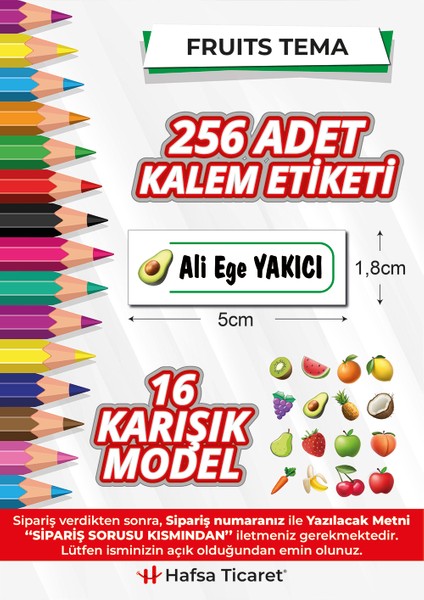 256 Adet Kalem Etiketi Meyveler Fruits Temalı İsimli Kişiye Özel Okul Etiketi