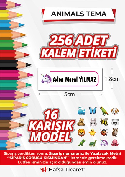 256 Adet Kalem Etiketi Animals Temalı İsimli Kişiye Özel Okul Etiketi