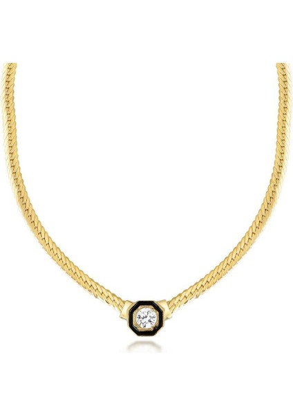 Yassı Zincir Gümüş Kolye Tek Taş Detaylı Gold