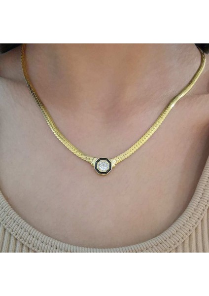 Yassı Zincir Gümüş Kolye Tek Taş Detaylı Gold fiyatları