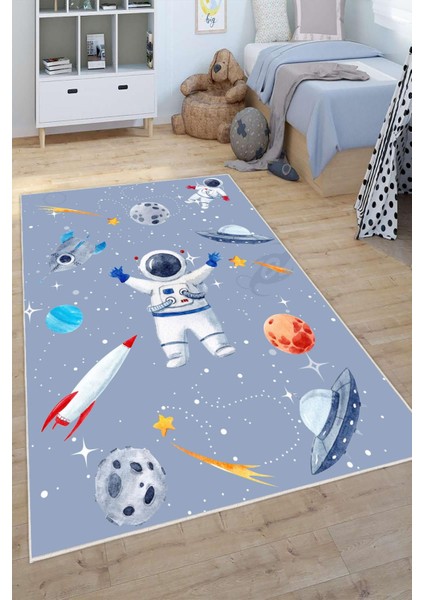 Dijital Baskılı Dekoratif Kaymaz Taban Yıkanabilir Uzay Temalı Modern Çocuk Halısı
