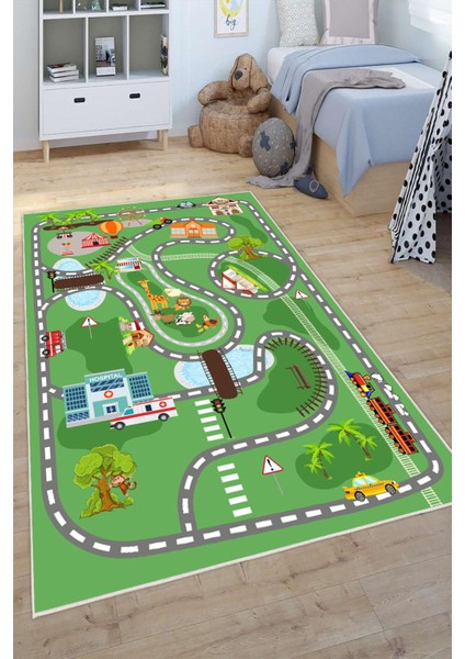 Dijital Baskılı Dekoratif Kaymaz Taban Yıkanabilir Trafik Parkı Temalı Modern Çocuk Halısı