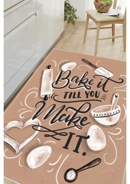 Dijital Baskılı Dekoratif Kaymaz Taban Yıkanabilir Bake Make It Desenli Mutfak Halısı