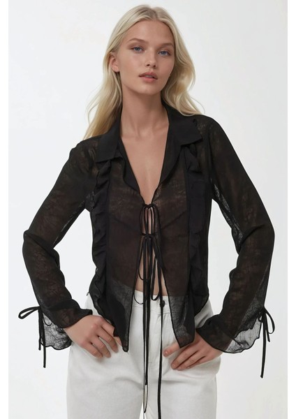 Kadın V Yaka Uzun Kollu Bağlama Detaylı FırfırlıTül Üst Siyah