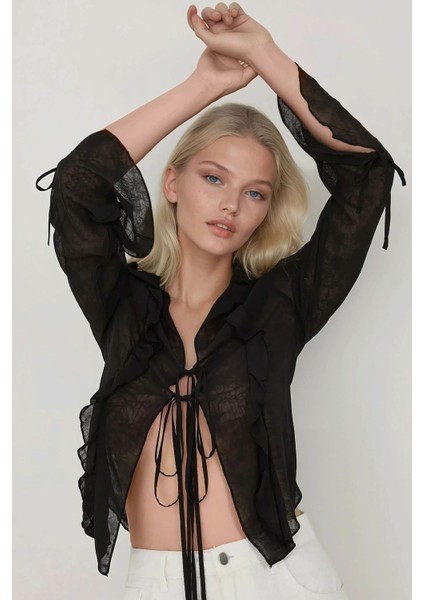 Kadın V Yaka Uzun Kollu Bağlama Detaylı FırfırlıTül Üst Siyah fiyatları