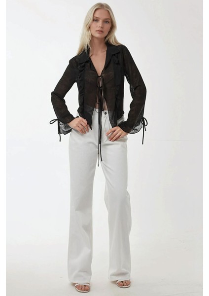 Kadın V Yaka Uzun Kollu Bağlama Detaylı FırfırlıTül Üst Siyah modelleri