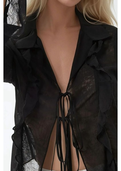 Kadın V Yaka Uzun Kollu Bağlama Detaylı FırfırlıTül Üst Siyah indirimleri