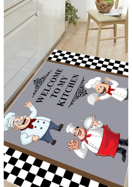 Dijital Baskılı Dekoratif Kaymaz Taban Yıkanabilir Aşçı Desenli Mutfak Halısı