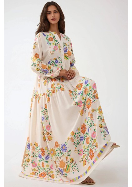 Kadın Düğme Detaylı Baskılı V Yaka Modest Elbise Fildişi Doğal