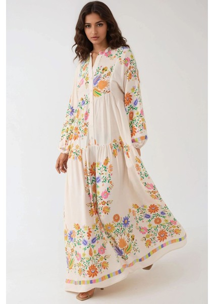 Kadın Düğme Detaylı Baskılı V Yaka Modest Elbise Fildişi Doğal fiyatları