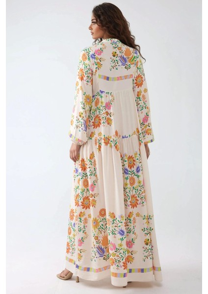 Kadın Düğme Detaylı Baskılı V Yaka Modest Elbise Fildişi Doğal fırsatları