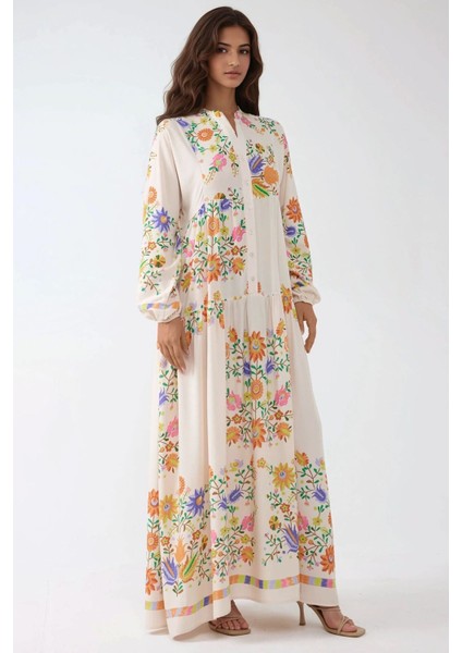 Kadın Düğme Detaylı Baskılı V Yaka Modest Elbise Fildişi Doğal indirimleri