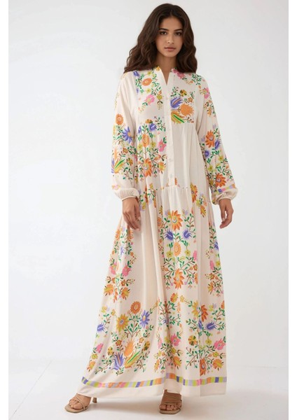 Kadın Düğme Detaylı Baskılı V Yaka Modest Elbise Fildişi Doğal