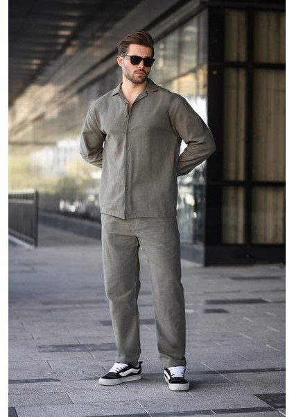 Haki Rahat Kesim Erkek Keten Gömlek Pantolon Takım E7327 fiyatları