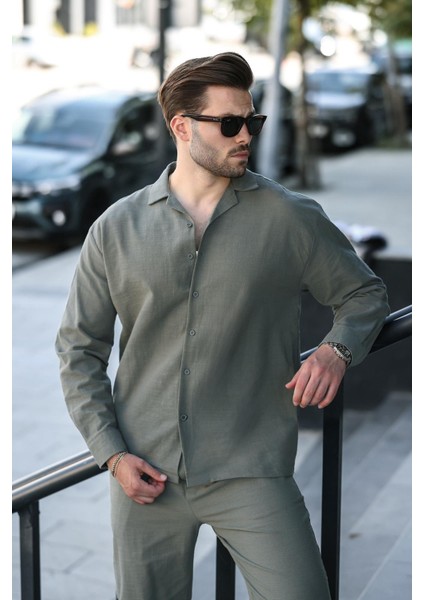 Haki Rahat Kesim Erkek Keten Gömlek Pantolon Takım E7327 modelleri