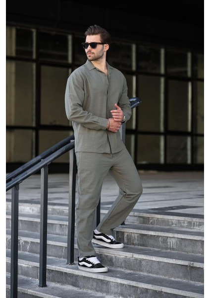 Haki Rahat Kesim Erkek Keten Gömlek Pantolon Takım E7327 fırsatları