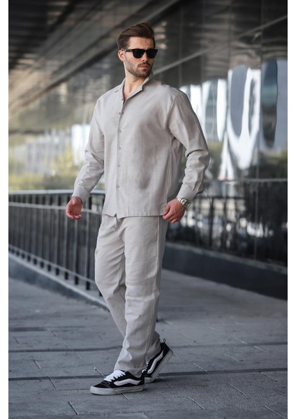 Boyalı Gri Rahat Kesim Erkek Keten Gömlek Pantolon Takım E7327