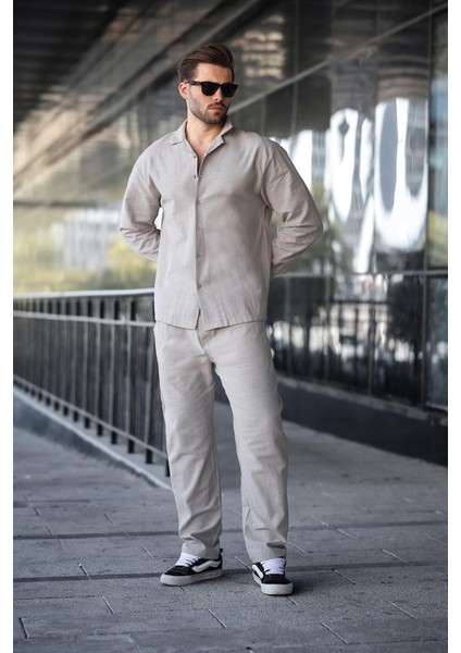 Boyalı Gri Rahat Kesim Erkek Keten Gömlek Pantolon Takım E7327 fiyatları