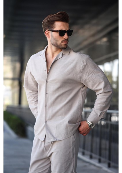 Boyalı Gri Rahat Kesim Erkek Keten Gömlek Pantolon Takım E7327 modelleri