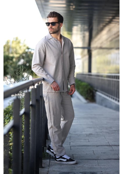 Boyalı Gri Rahat Kesim Erkek Keten Gömlek Pantolon Takım E7327 fırsatları